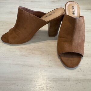 JustFab Brown Mules with Open Toe and Block Heel